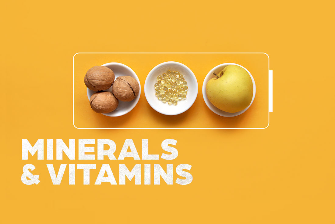 On a darker yellow background there are 3 bowls which contain hazelnut, a yellow apple and in the middle there are capsules. The title of this picture is "minerals and vitamins".