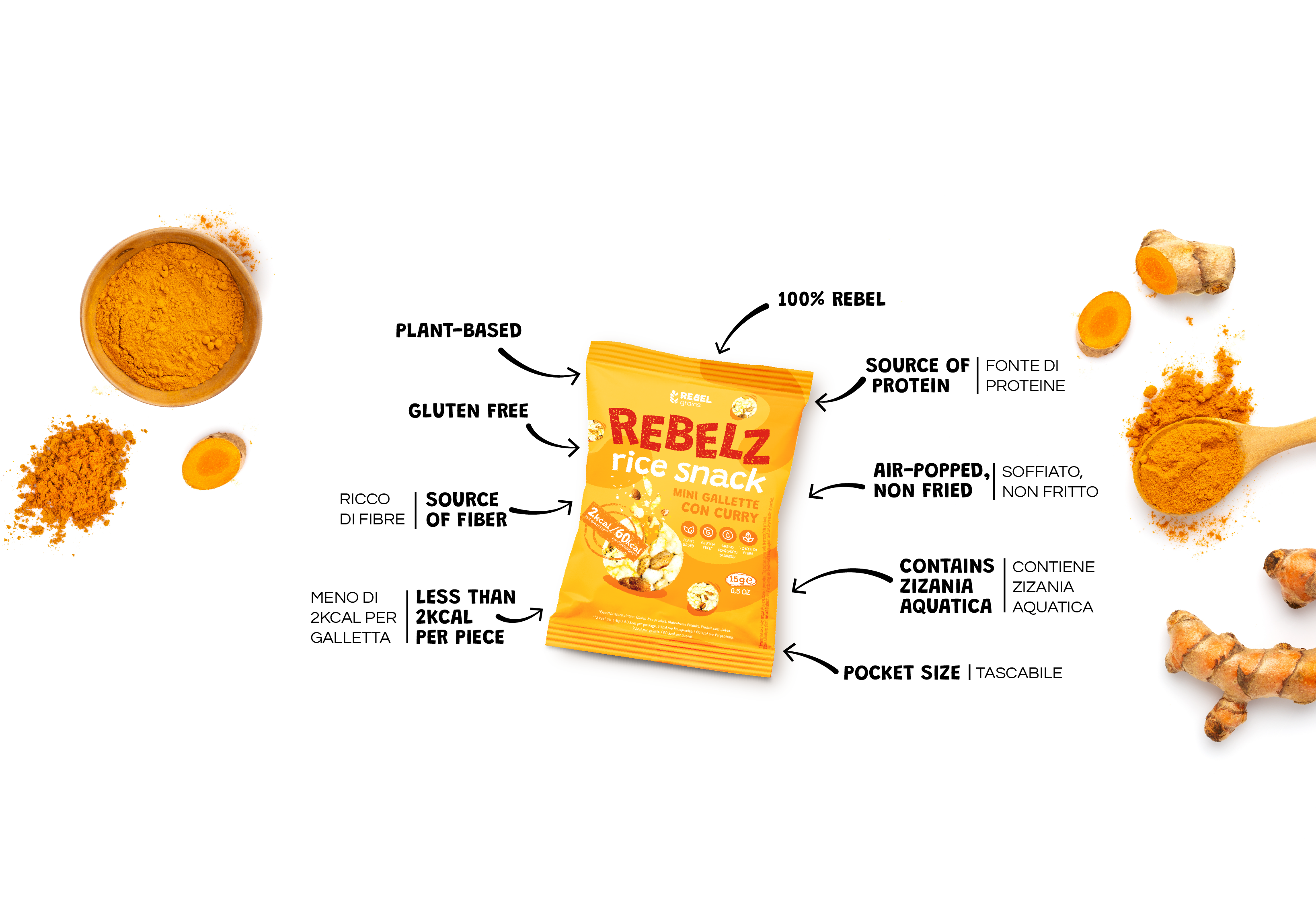 Rebelz rice snack in curry flavor has many benefits around, pointing to the product besides plant-based, gluten free, source of protein…etc)